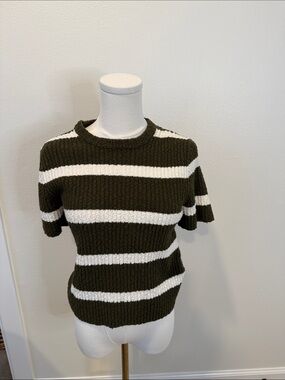 Madewell Striped Bouclé Knit Sweater Top Olive Cream Size Medium